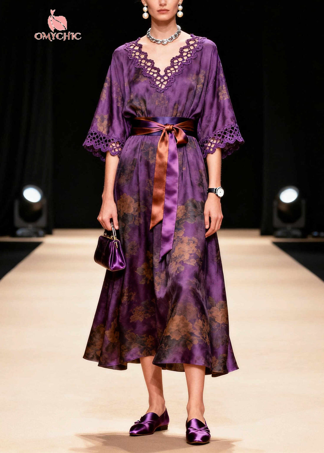 Organic Purple Tie Waist Print Silk Party Dress Summer