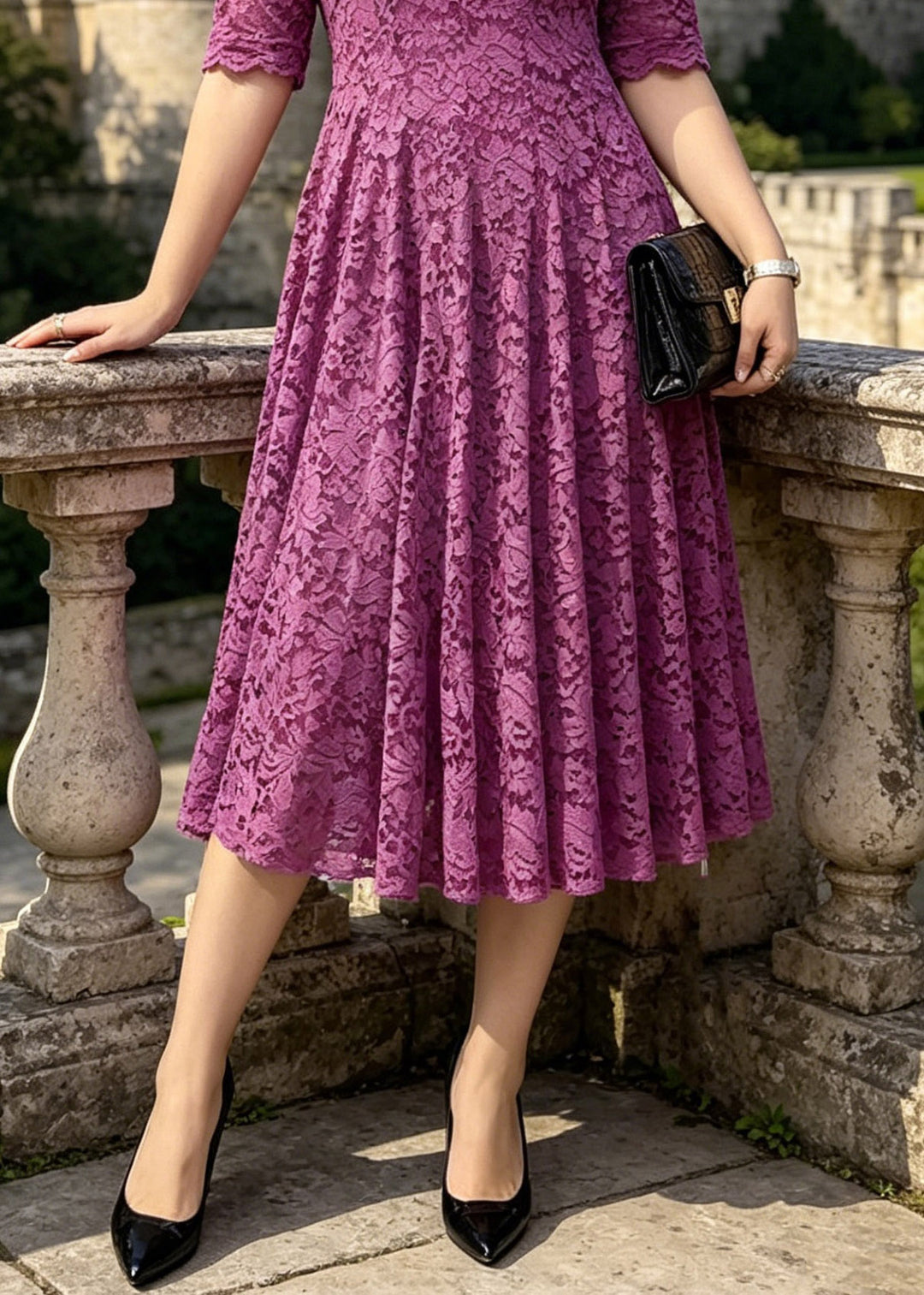 Organic Purple V Neck Floral Lace Long Dress Summer