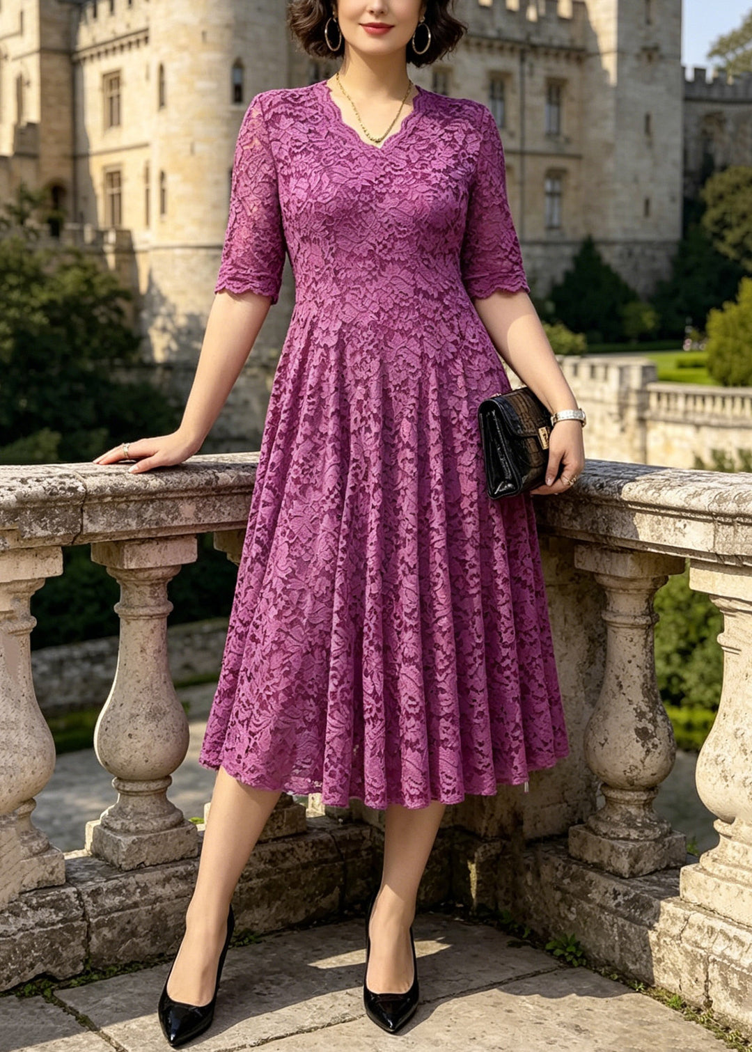 Organic Purple V Neck Floral Lace Long Dress Summer