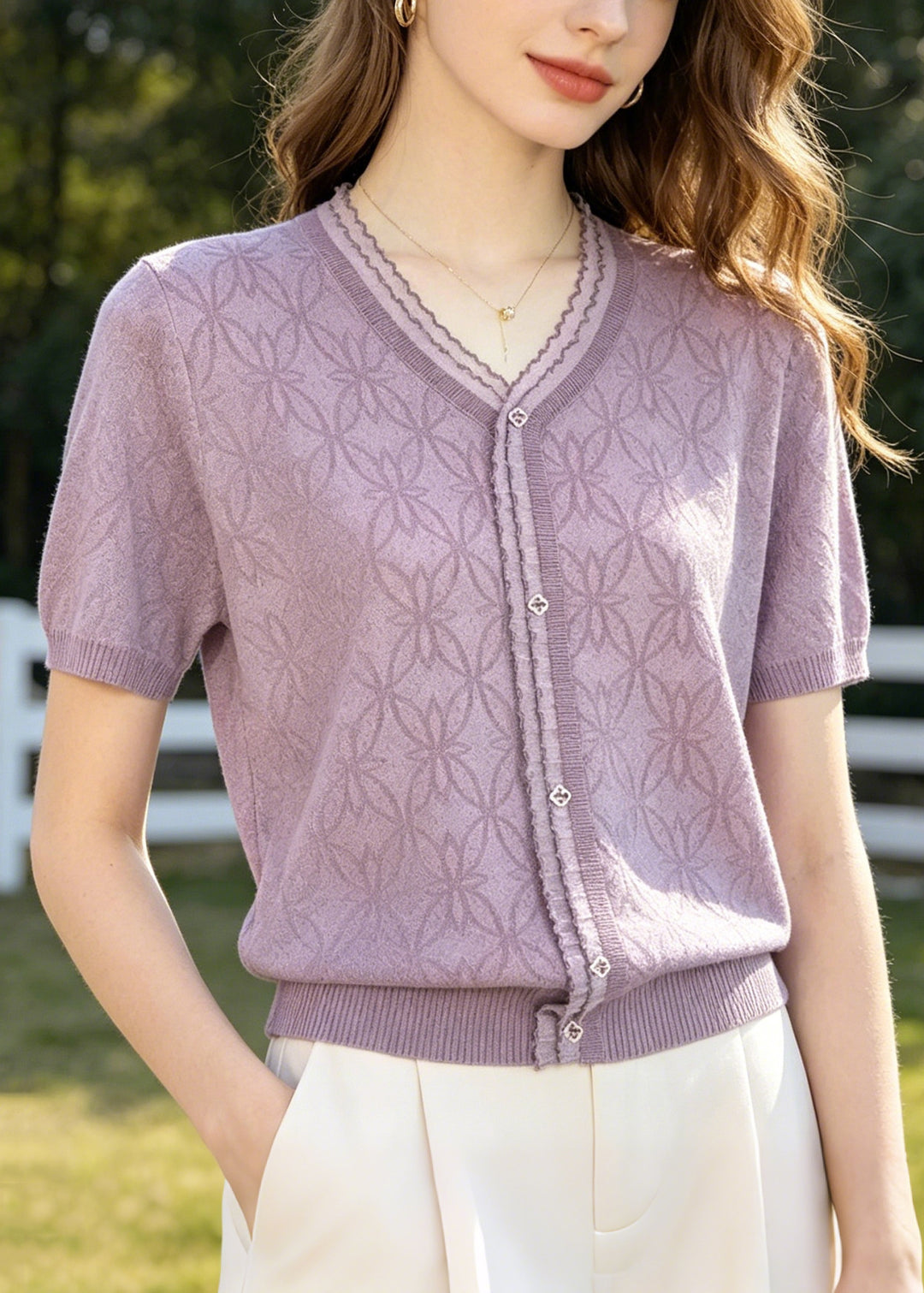 Organic Purple V Neck Jacquard Knit Blouses Summer