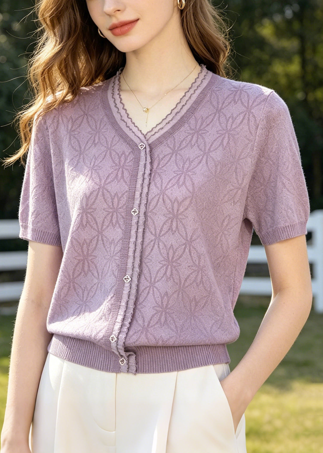 Organic Purple V Neck Jacquard Knit Blouses Summer