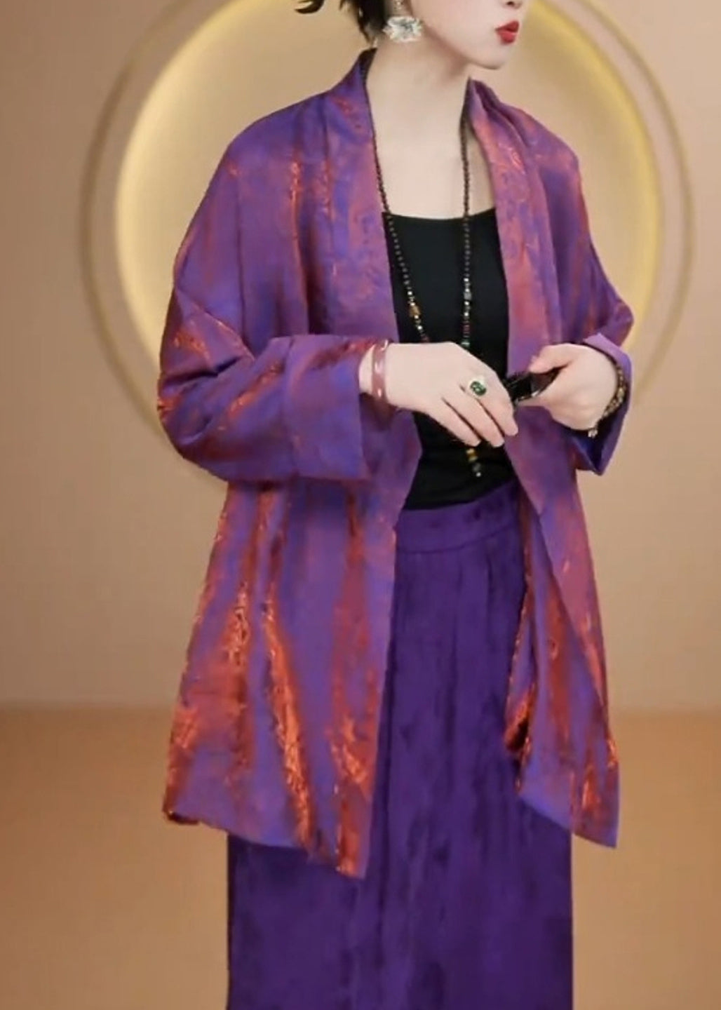 Organic Purple V Neck Jacquard Silk Cardigan Fall