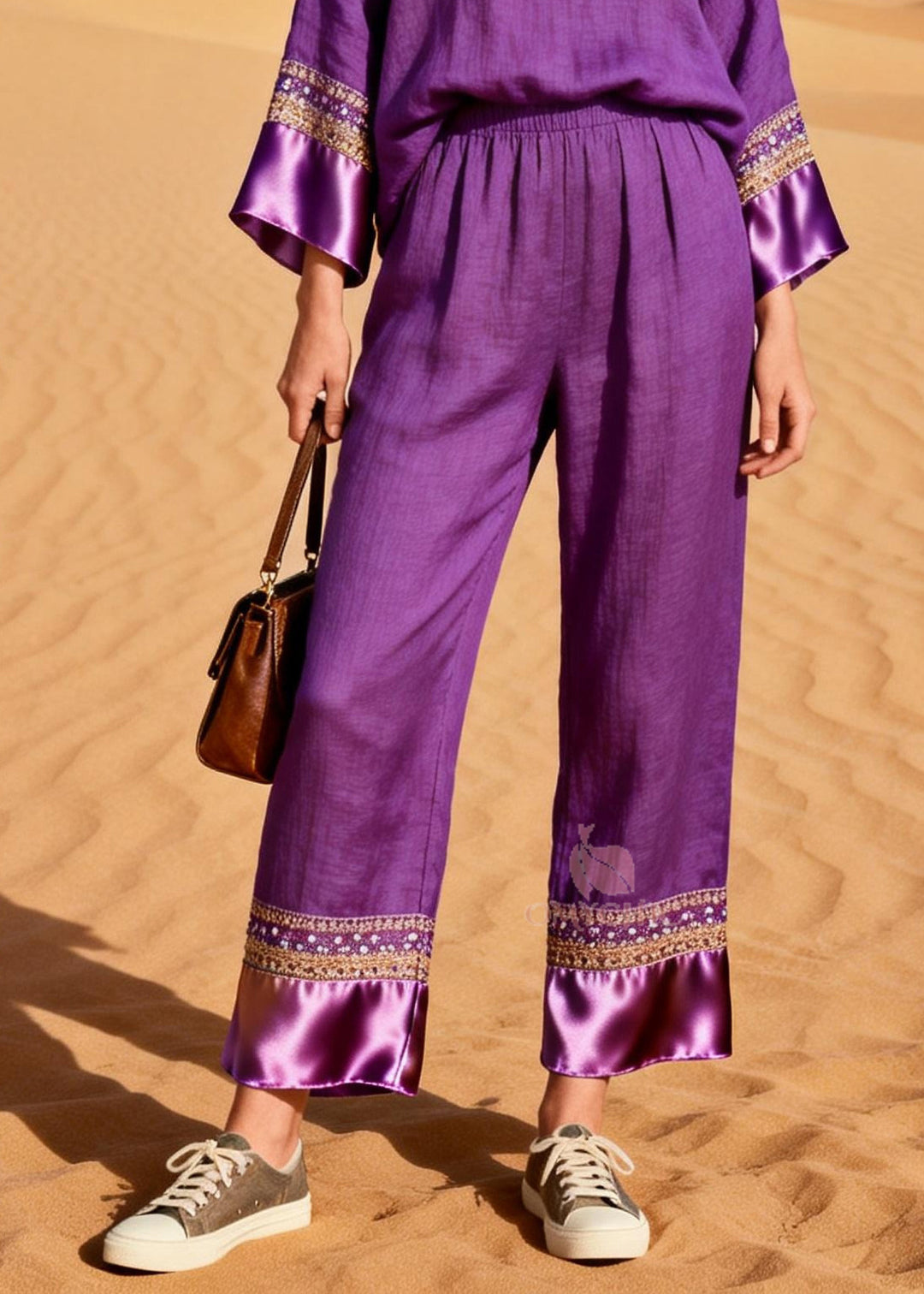 Organic Purple V Neck Patchwork Silk Cotton Two Piece Set Spring