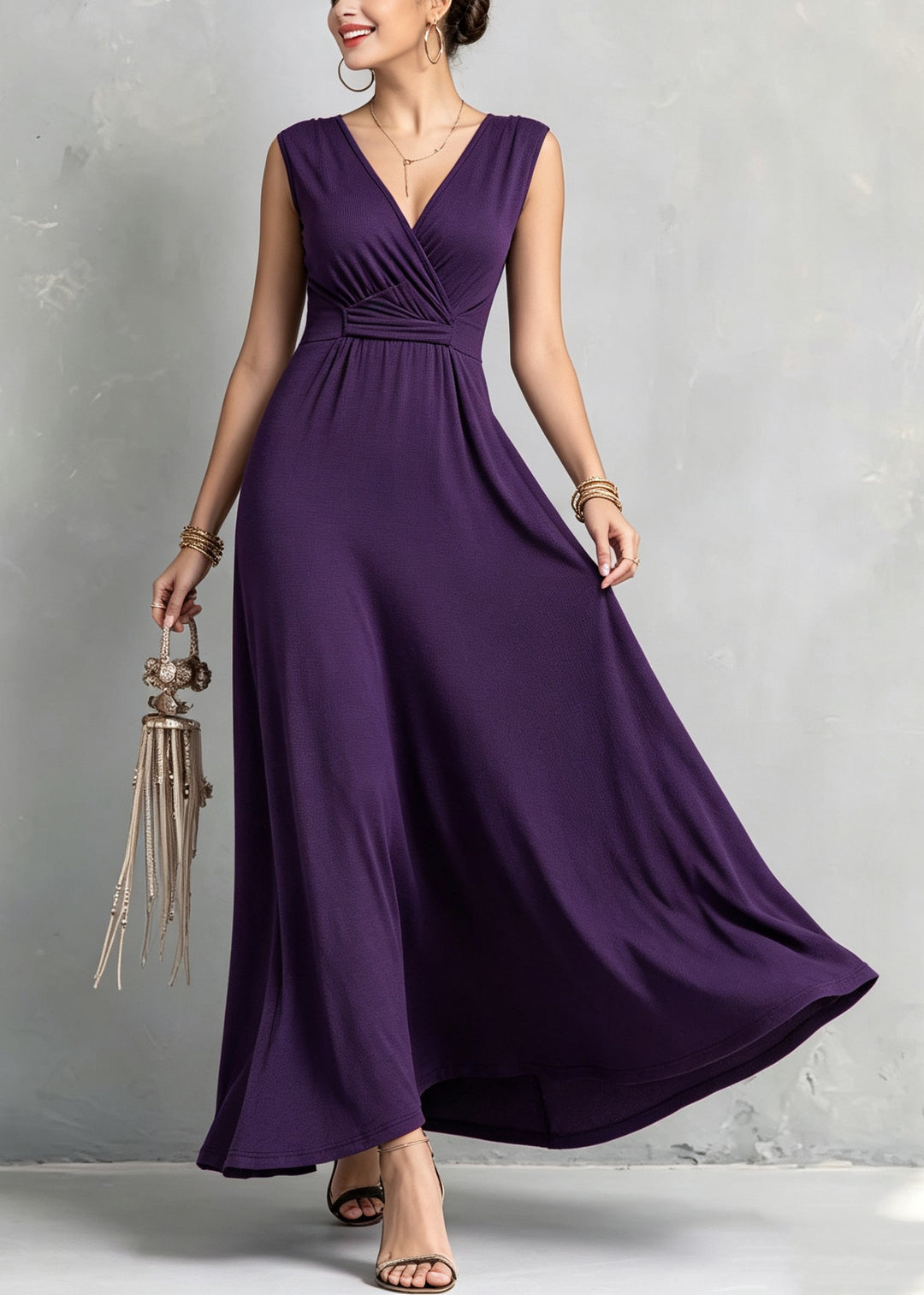 Organic Purple V Neck Patchwork Solid Long Dress Sleeveless