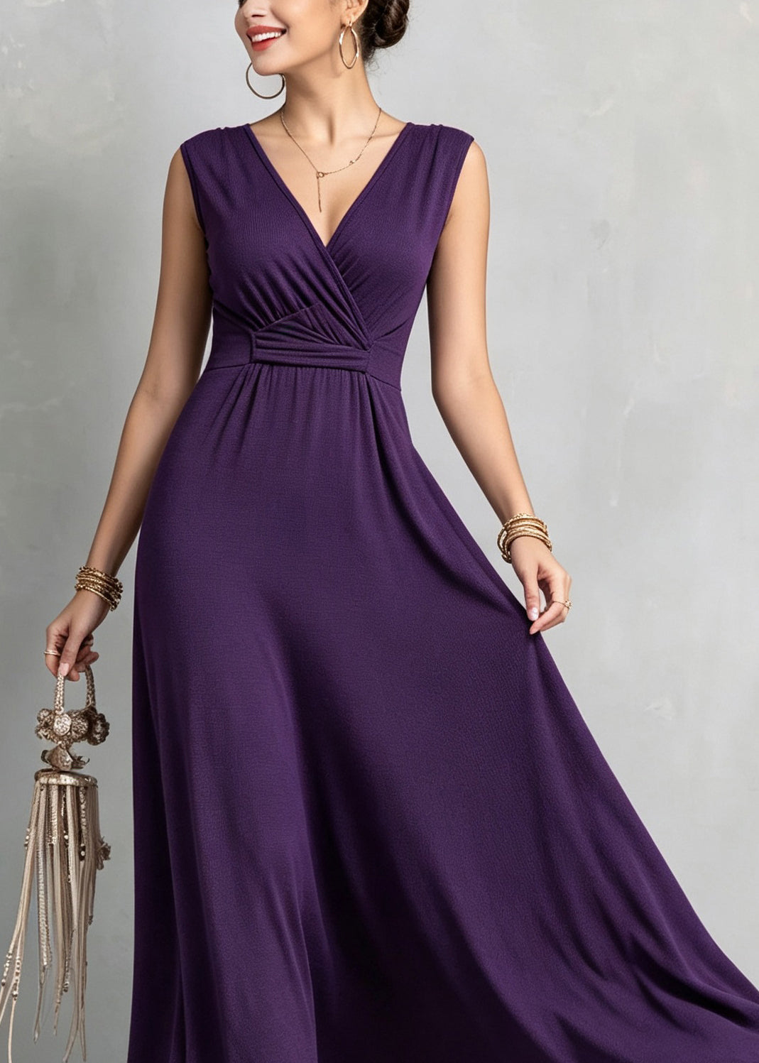 Organic Purple V Neck Patchwork Solid Long Dress Sleeveless