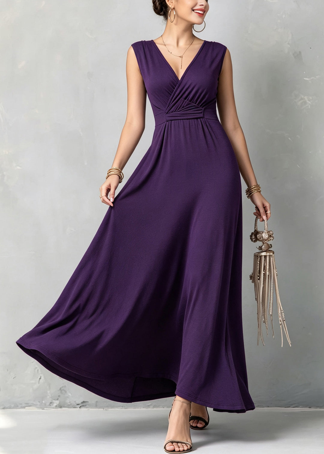 Organic Purple V Neck Patchwork Solid Long Dress Sleeveless