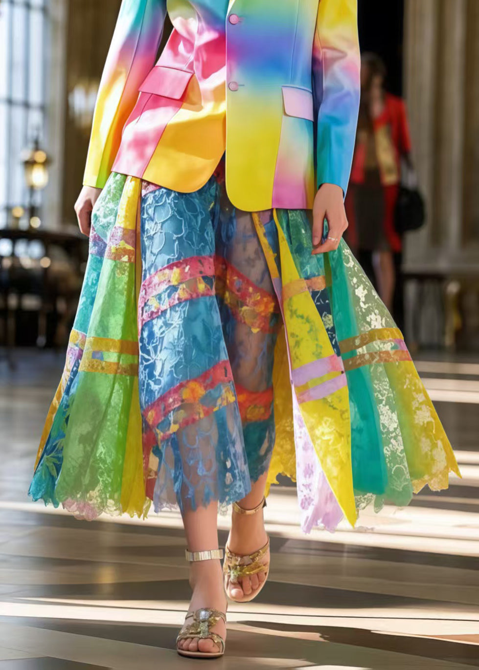 Organic Rainbow Hollow Out Exra Large Hem Lace Skirts Summer