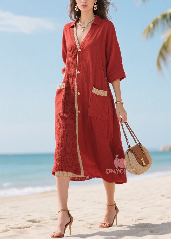 Organic Red Asymmetrical Patchwork Cotton Maxi Dresses Half Sleeve