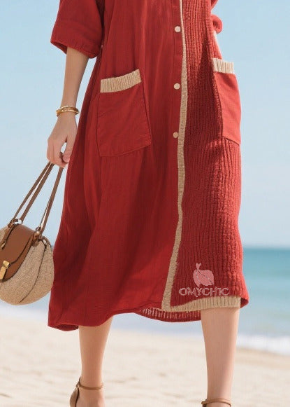 Organic Red Asymmetrical Patchwork Cotton Maxi Dresses Half Sleeve