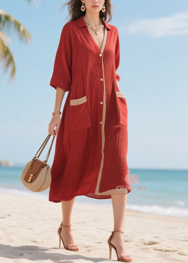 Organic Red Asymmetrical Patchwork Cotton Maxi Dresses Half Sleeve