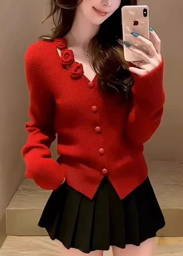 Organic Red Floral Button Cotton Knit Sweater Spring