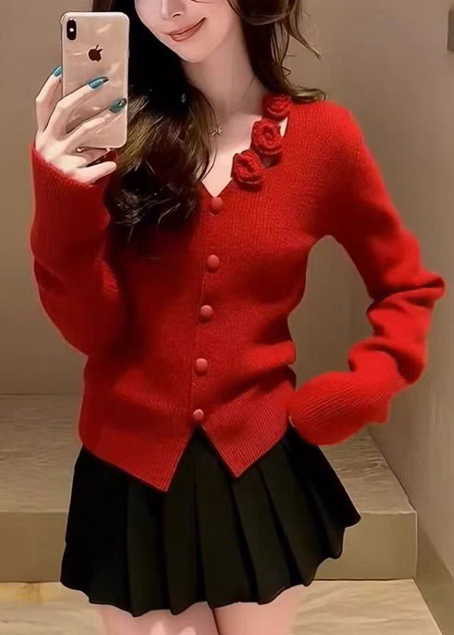 Organic Red Floral Button Cotton Knit Sweater Spring