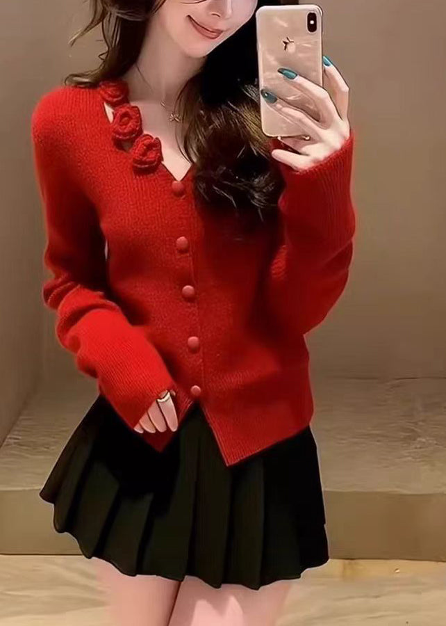 Organic Red Floral Button Cotton Knit Sweater Spring