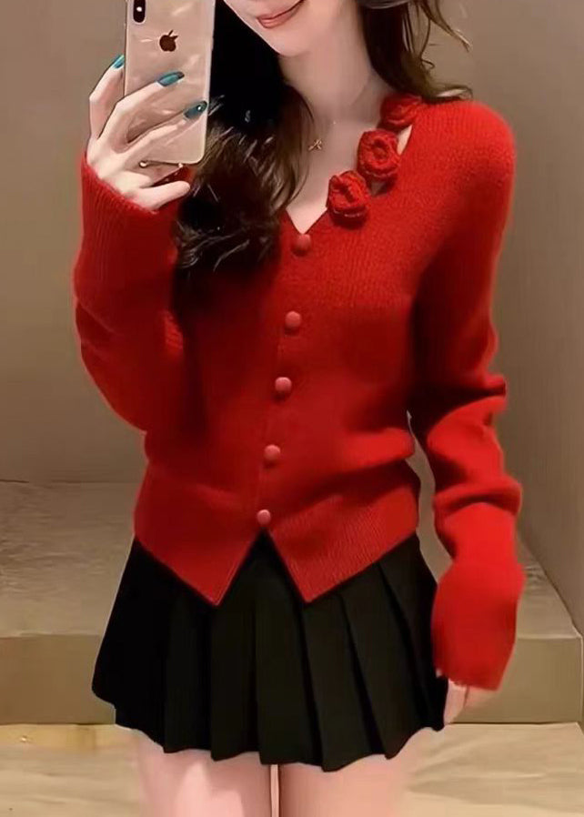 Organic Red Floral Button Cotton Knit Sweater Spring