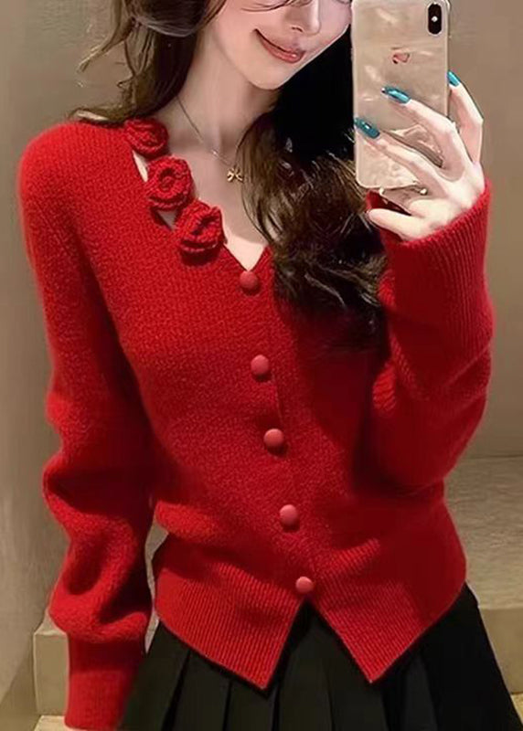 Organic Red Floral Button Cotton Knit Sweater Spring