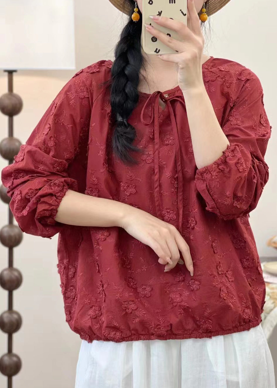 Organic Red O-Neck Embroidered Floral Cotton Tops Spring