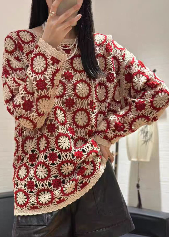 Organic Red O Neck Embroidered Knit Sweaters Fall