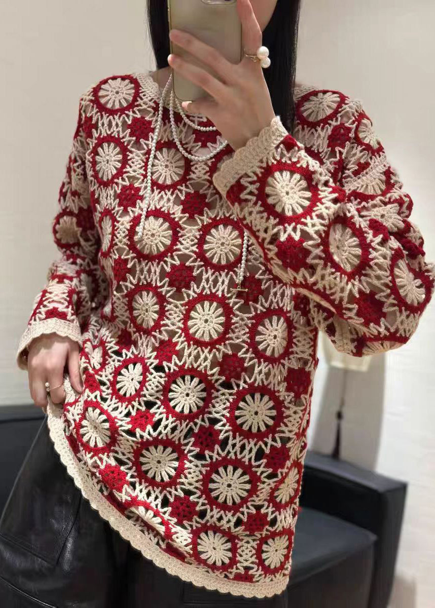 Organic Red O Neck Embroidered Knit Sweaters Fall