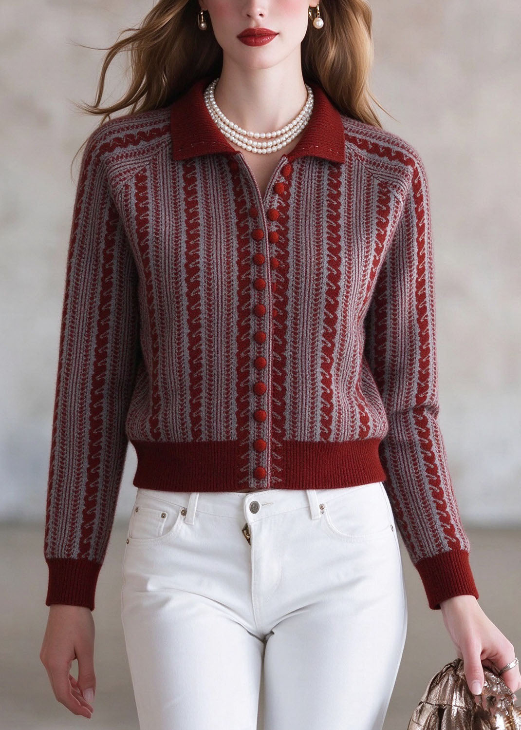Organic Red Peter Pan Collar Striped Cotton Knit Cardigans Winter