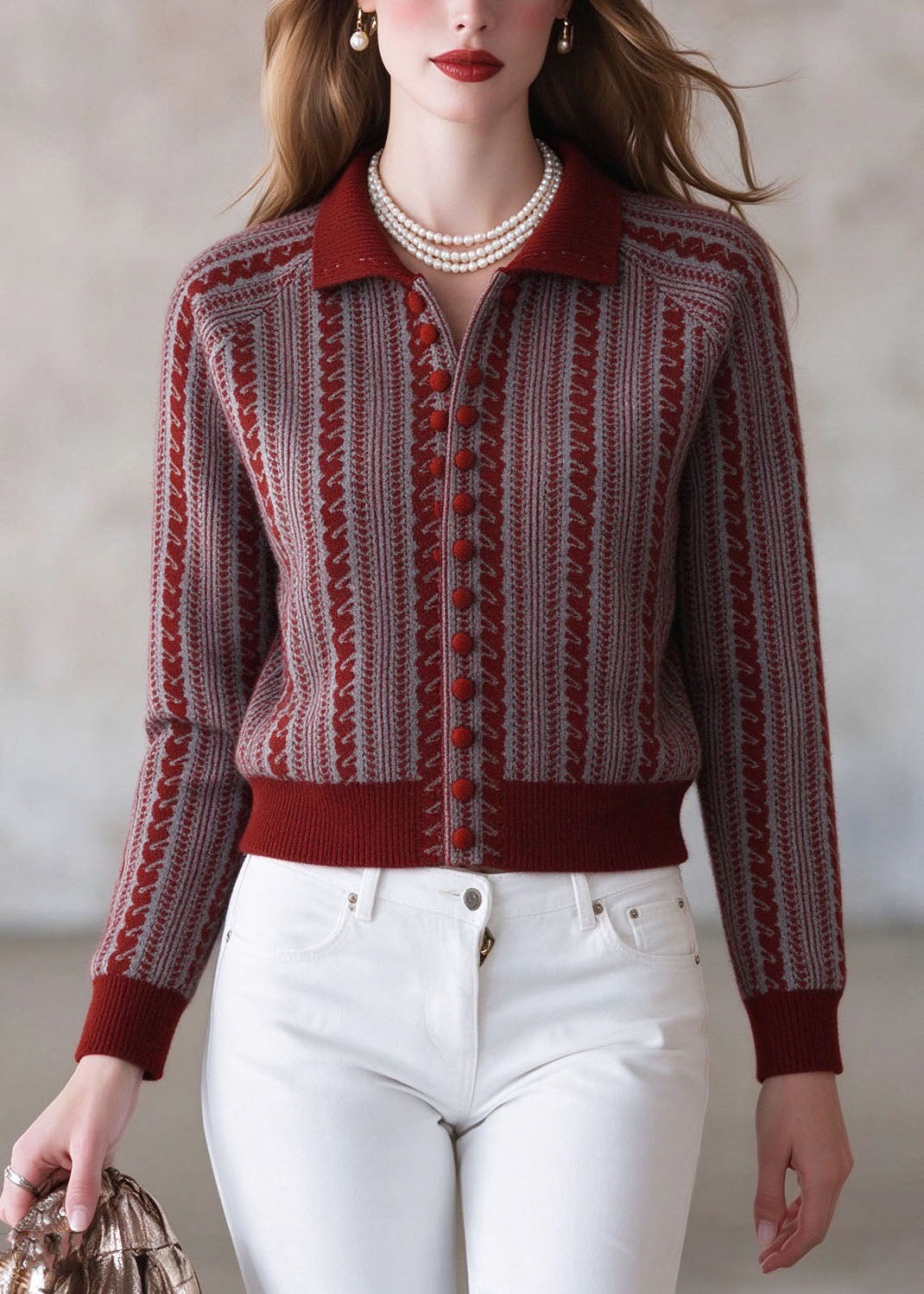 Organic Red Peter Pan Collar Striped Cotton Knit Cardigans Winter