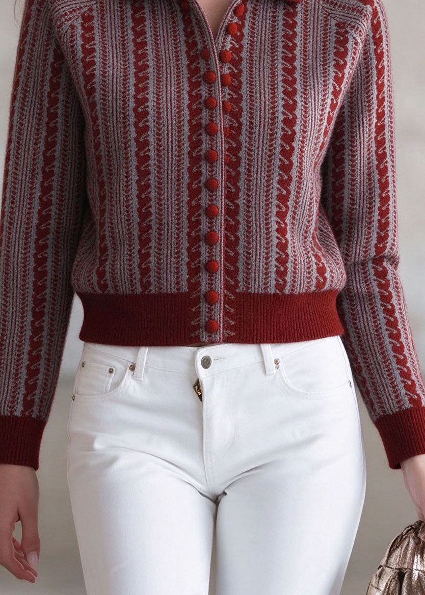 Organic Red Peter Pan Collar Striped Cotton Knit Cardigans Winter