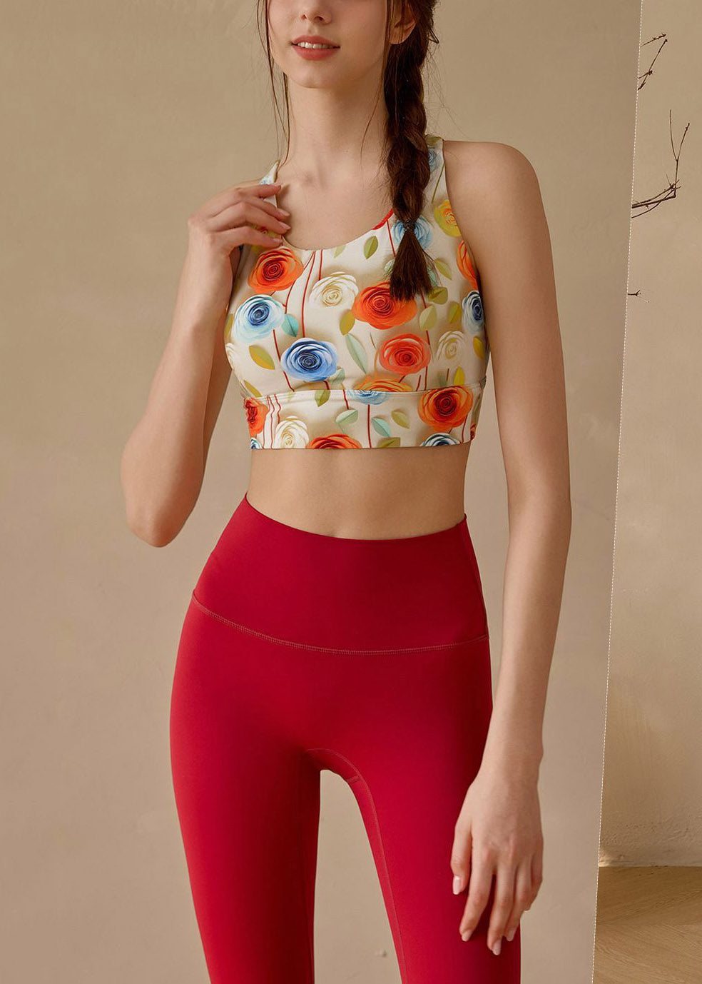 Organic Red Print High Waist Sports Bra And Leggings Set Suit
