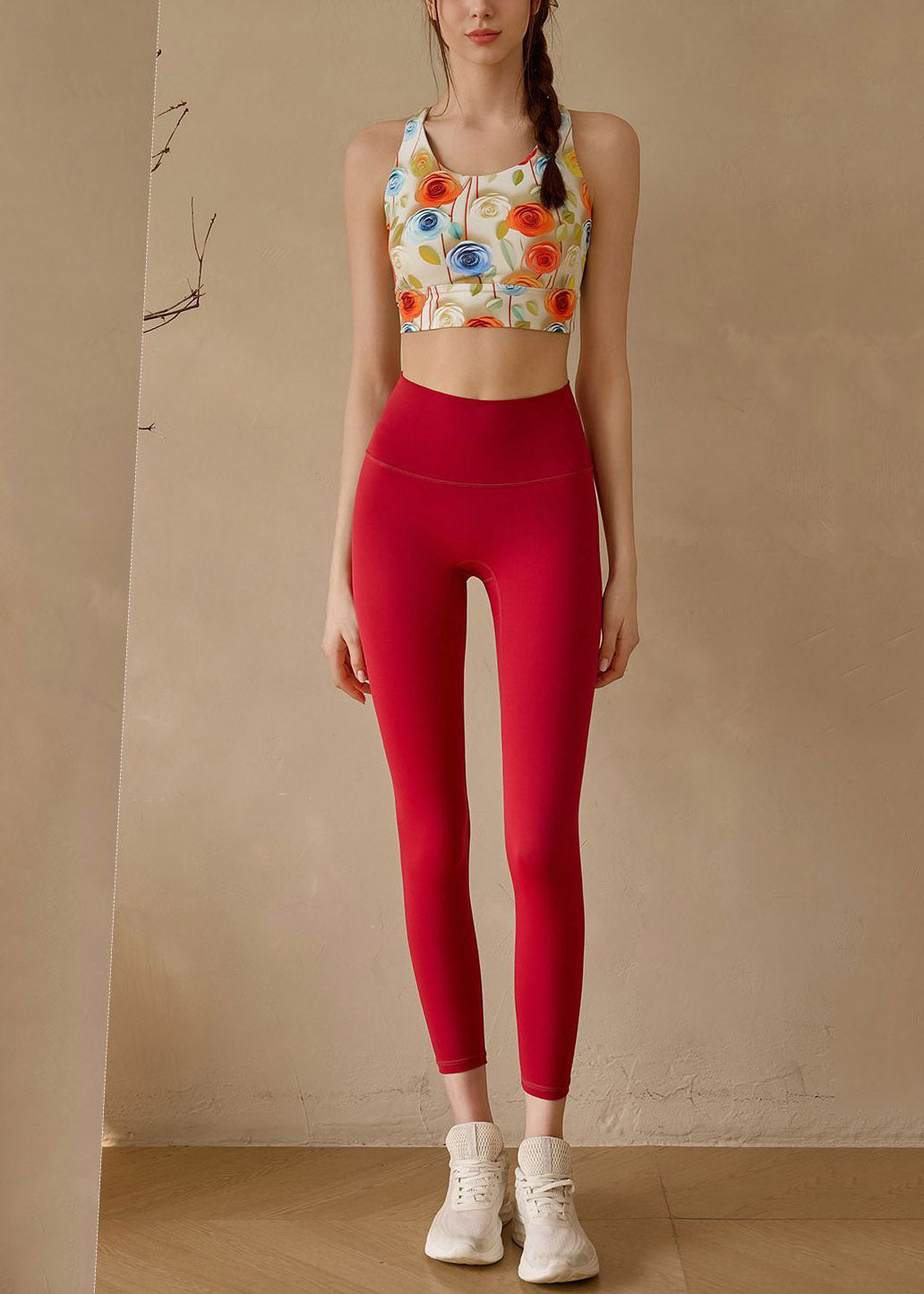 Organic Red Print High Waist Sports Bra And Leggings Set Suit