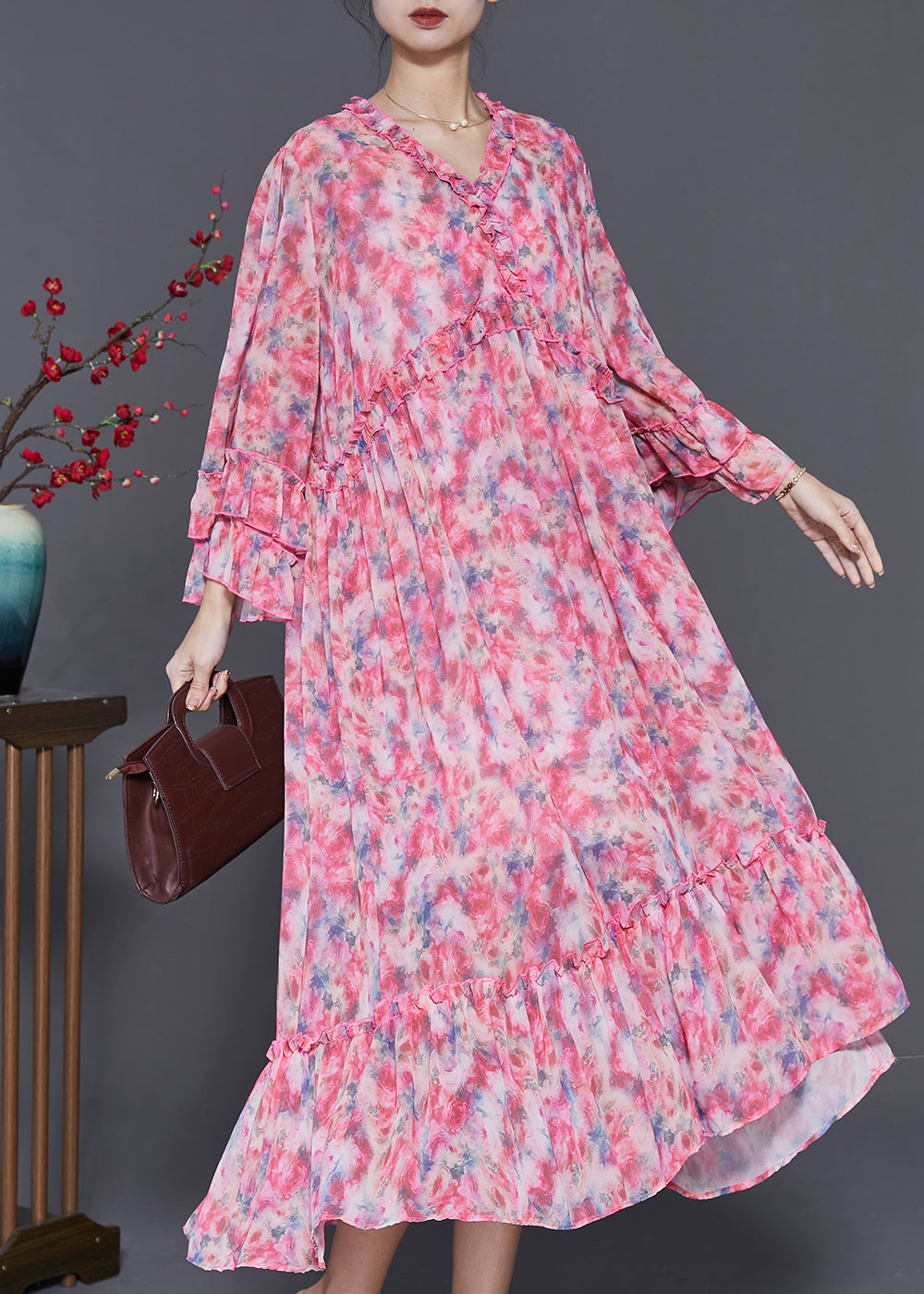 Organic Red Ruffled Print Chiffon Long Dresses Flare Sleeve