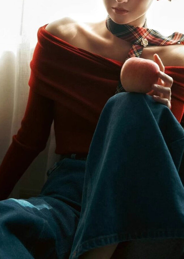 Organic Red Slash Neck Cotton Knit Sweaters Spring