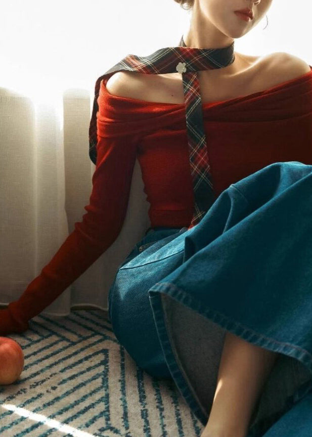 Organic Red Slash Neck Cotton Knit Sweaters Spring