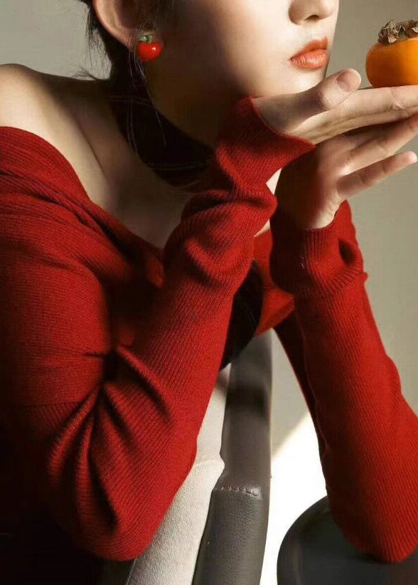 Organic Red Slash Neck Cotton Knit Sweaters Spring