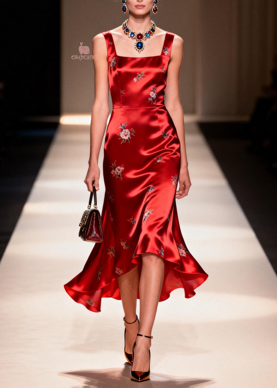 Organic Red Square Collar Jacquard Silk Dresses Sleeveless