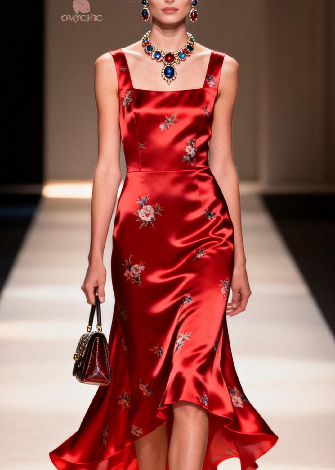 Organic Red Square Collar Jacquard Silk Dresses Sleeveless