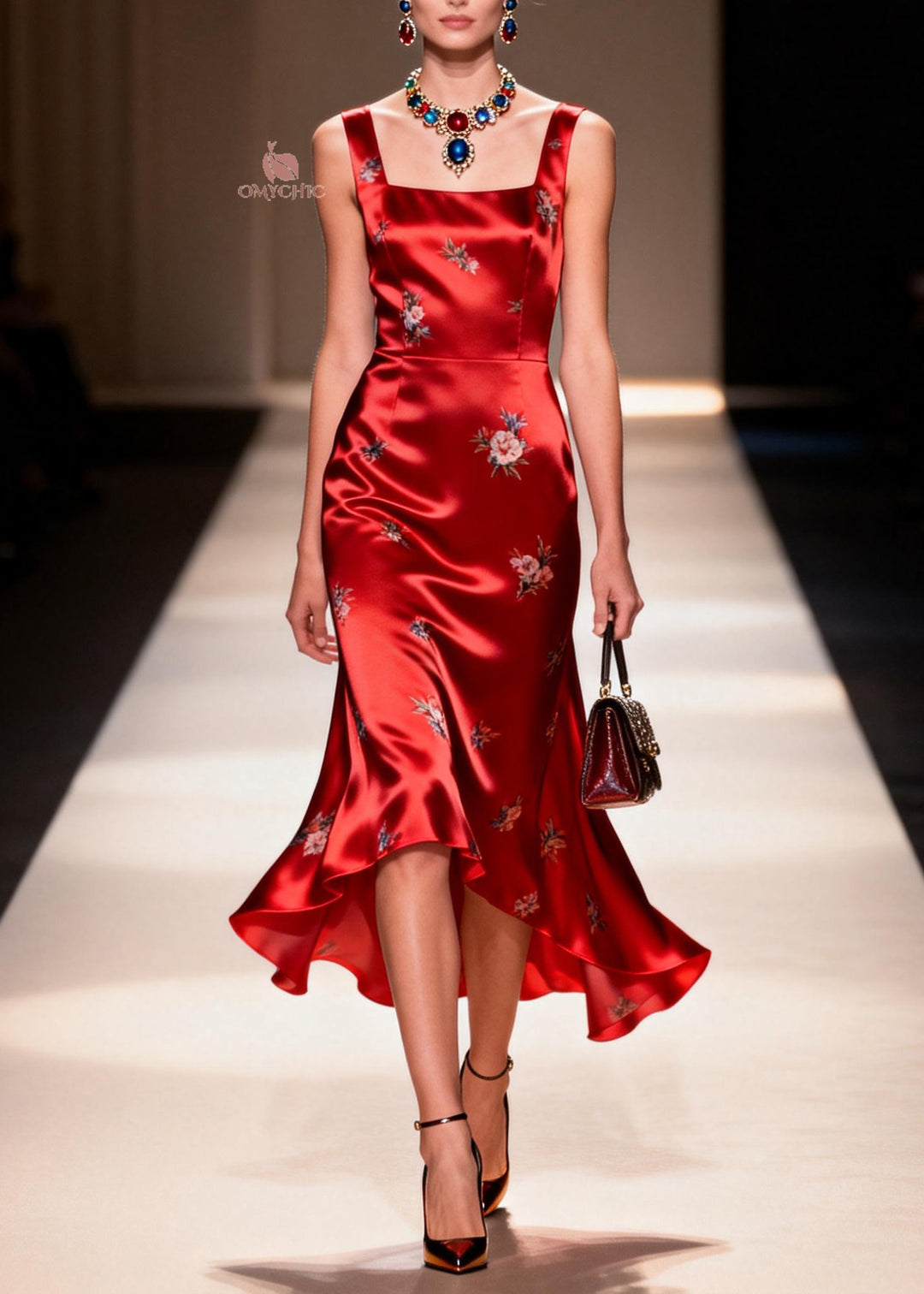Organic Red Square Collar Jacquard Silk Dresses Sleeveless