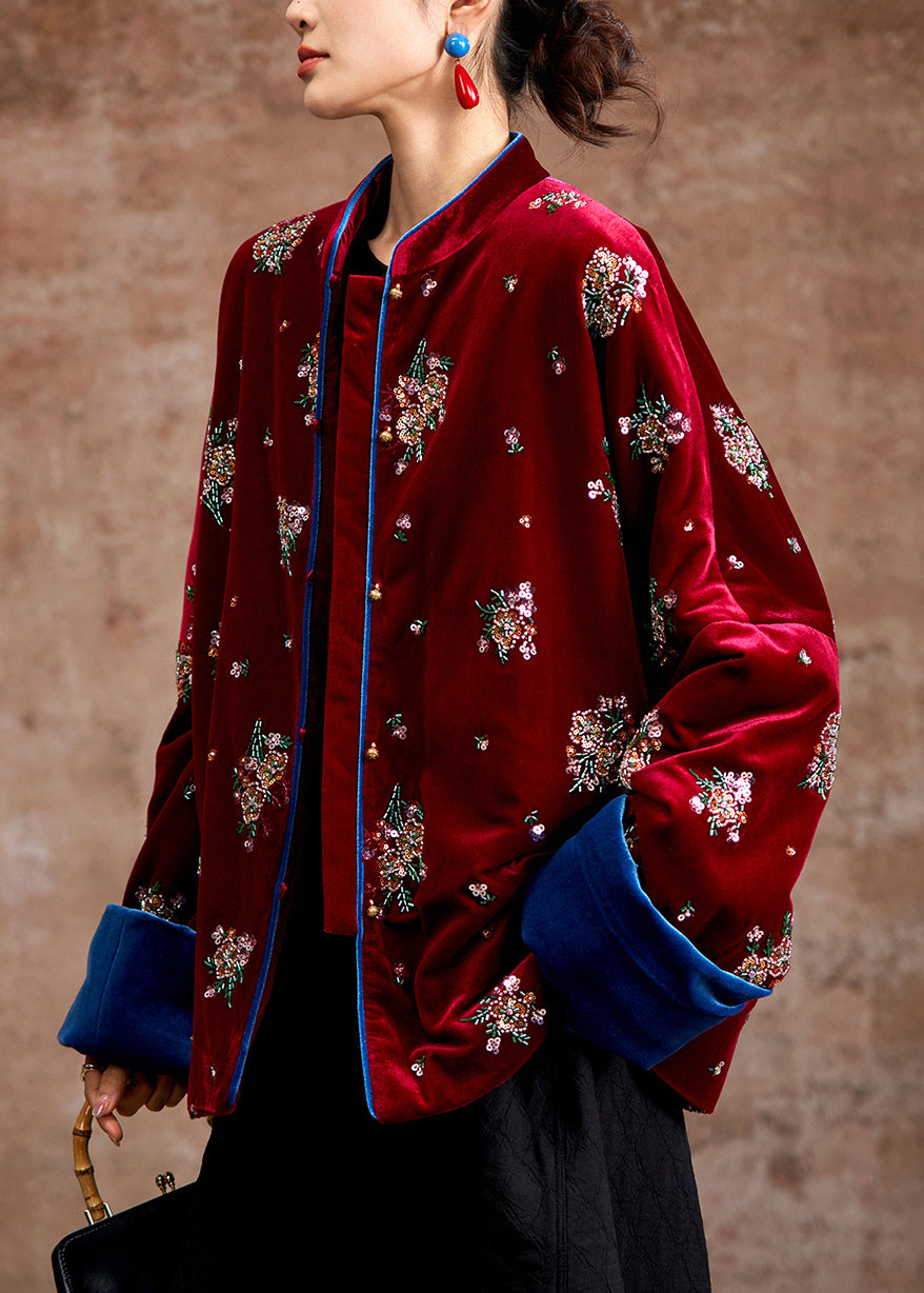 Organic Red Stand Collar Embroidered Silk Velvet Parka Coats Winter
