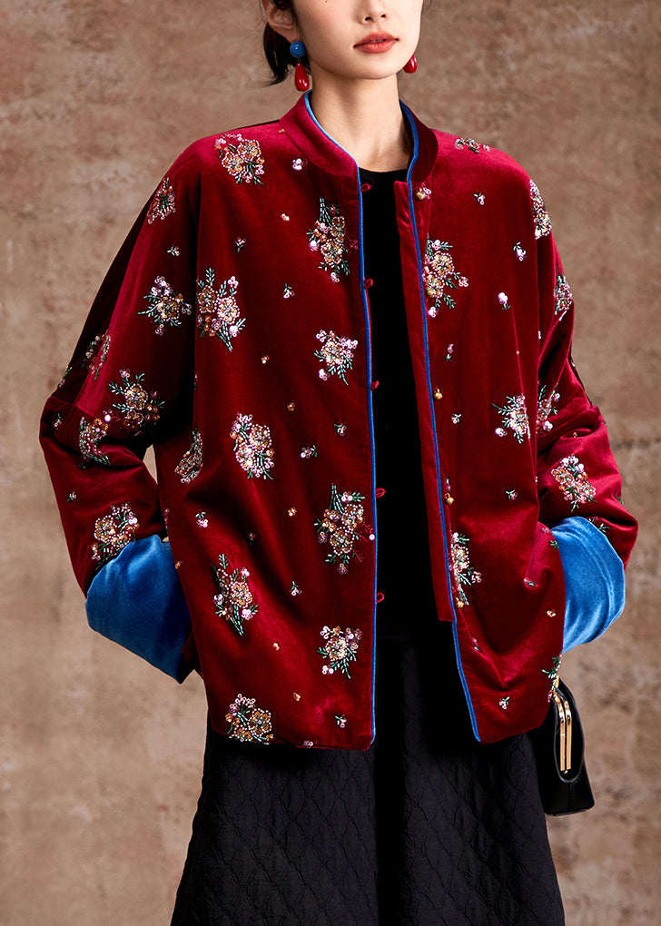 Organic Red Stand Collar Embroidered Silk Velvet Parka Coats Winter
