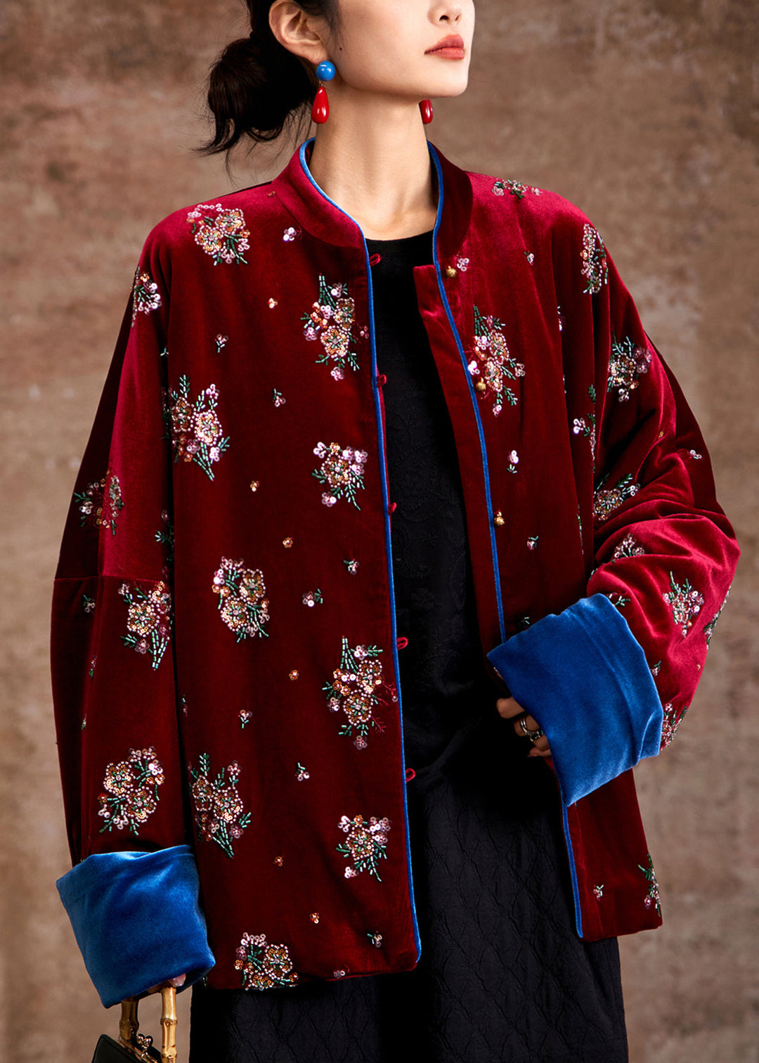 Organic Red Stand Collar Embroidered Silk Velvet Parka Coats Winter