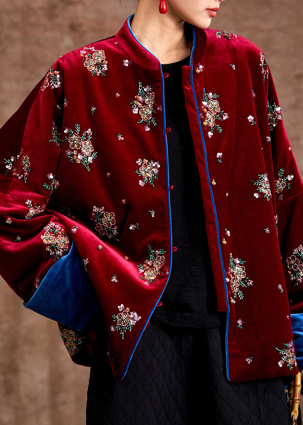 Organic Red Stand Collar Embroidered Silk Velvet Parka Coats Winter