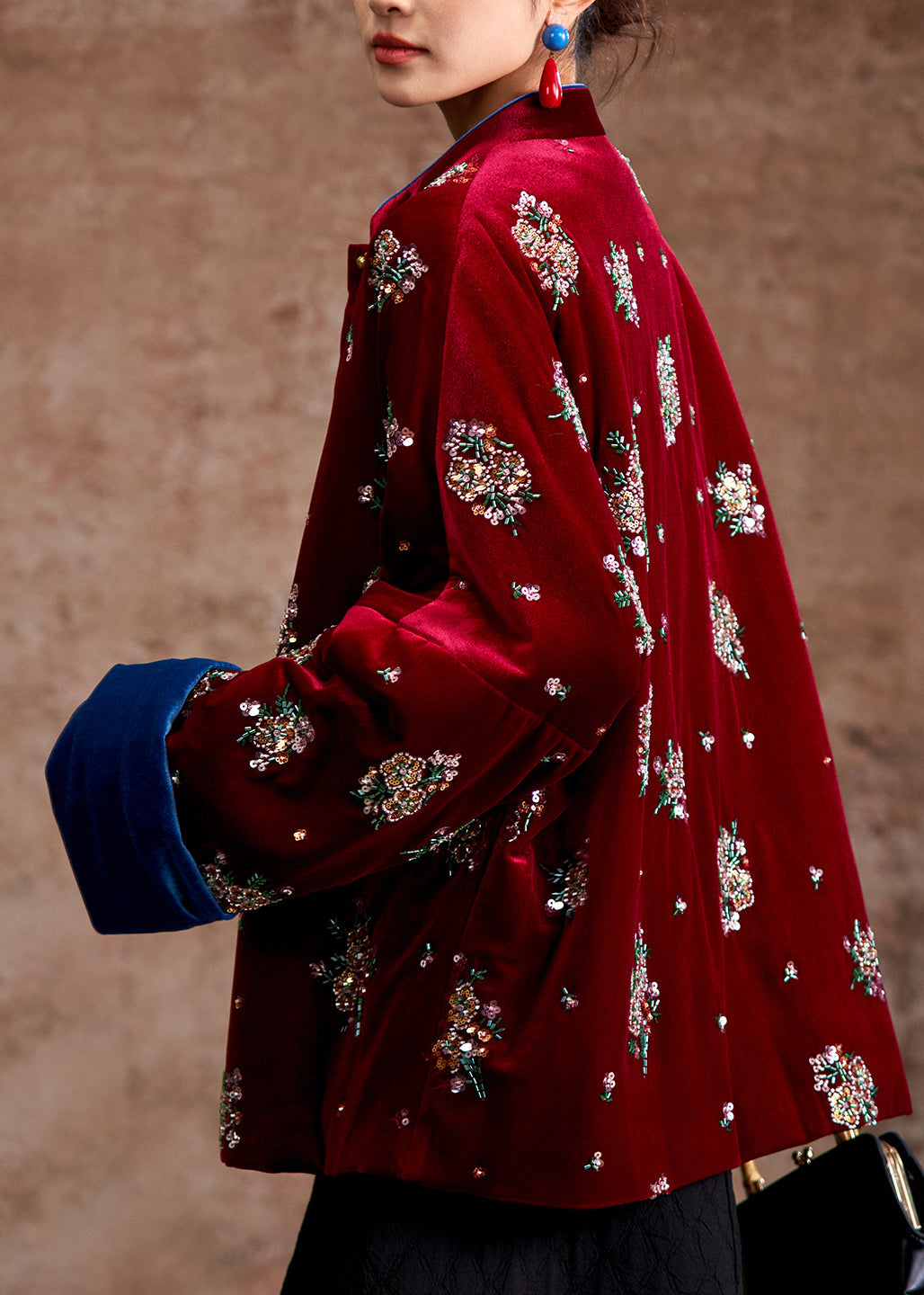 Organic Red Stand Collar Embroidered Silk Velvet Parka Coats Winter