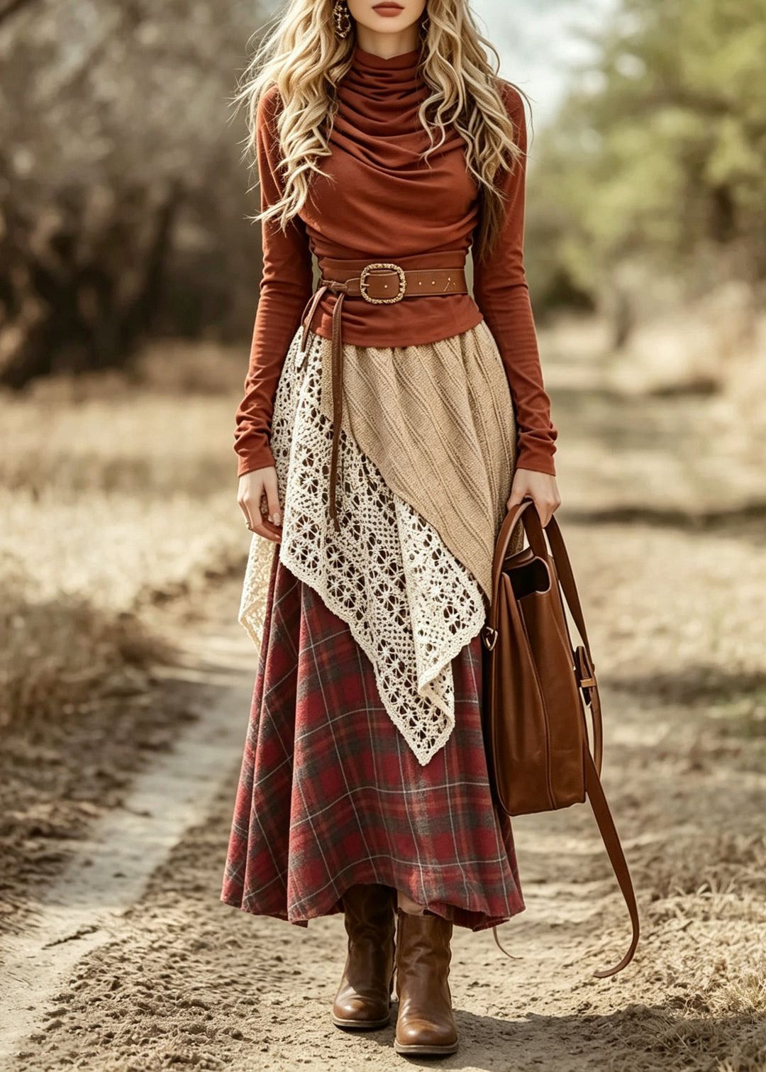 Organic Red Turtleneck Print Top And A Line Skirts Two Pieces Set Long Sleeve