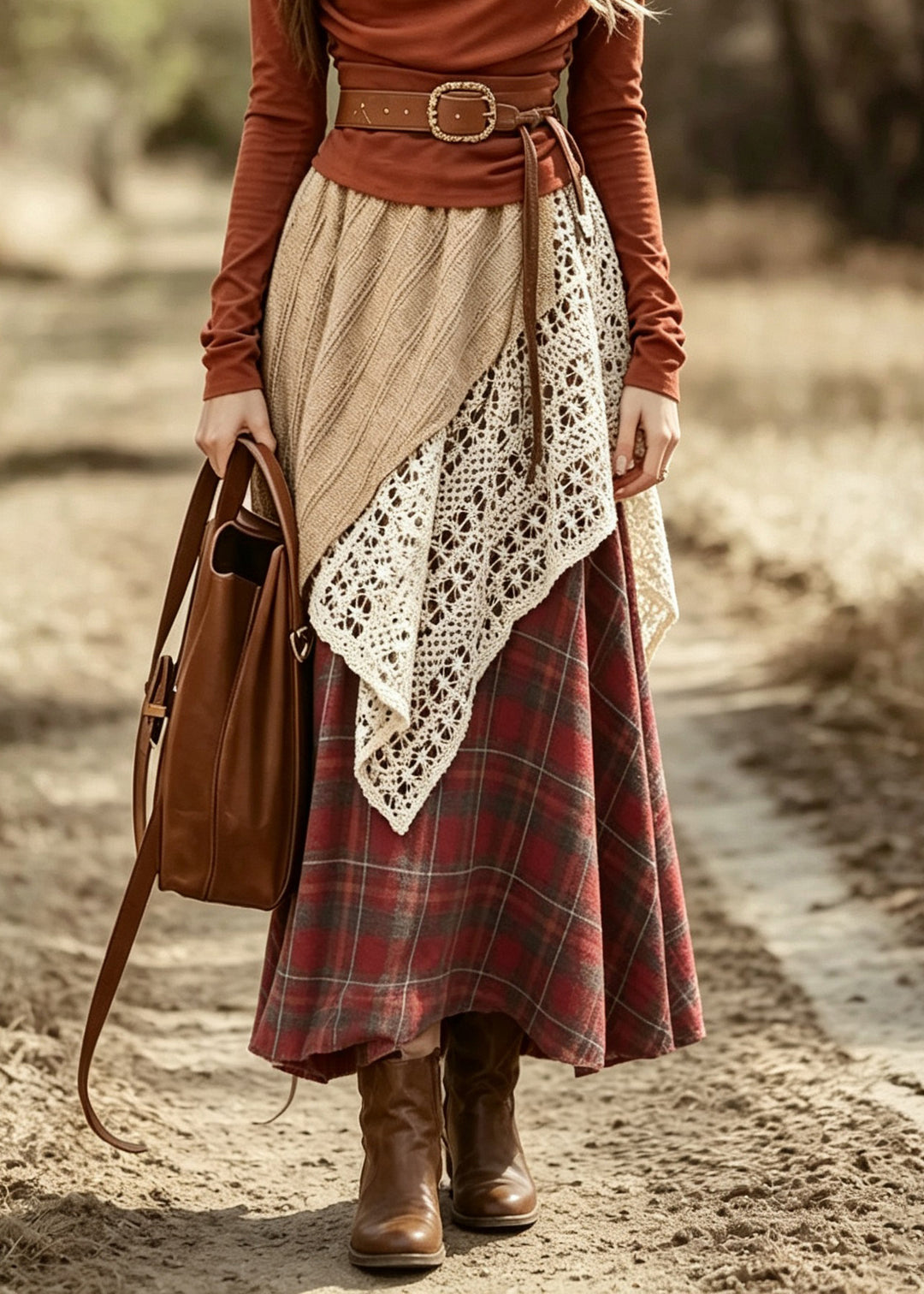 Organic Red Turtleneck Print Top And A Line Skirts Two Pieces Set Long Sleeve