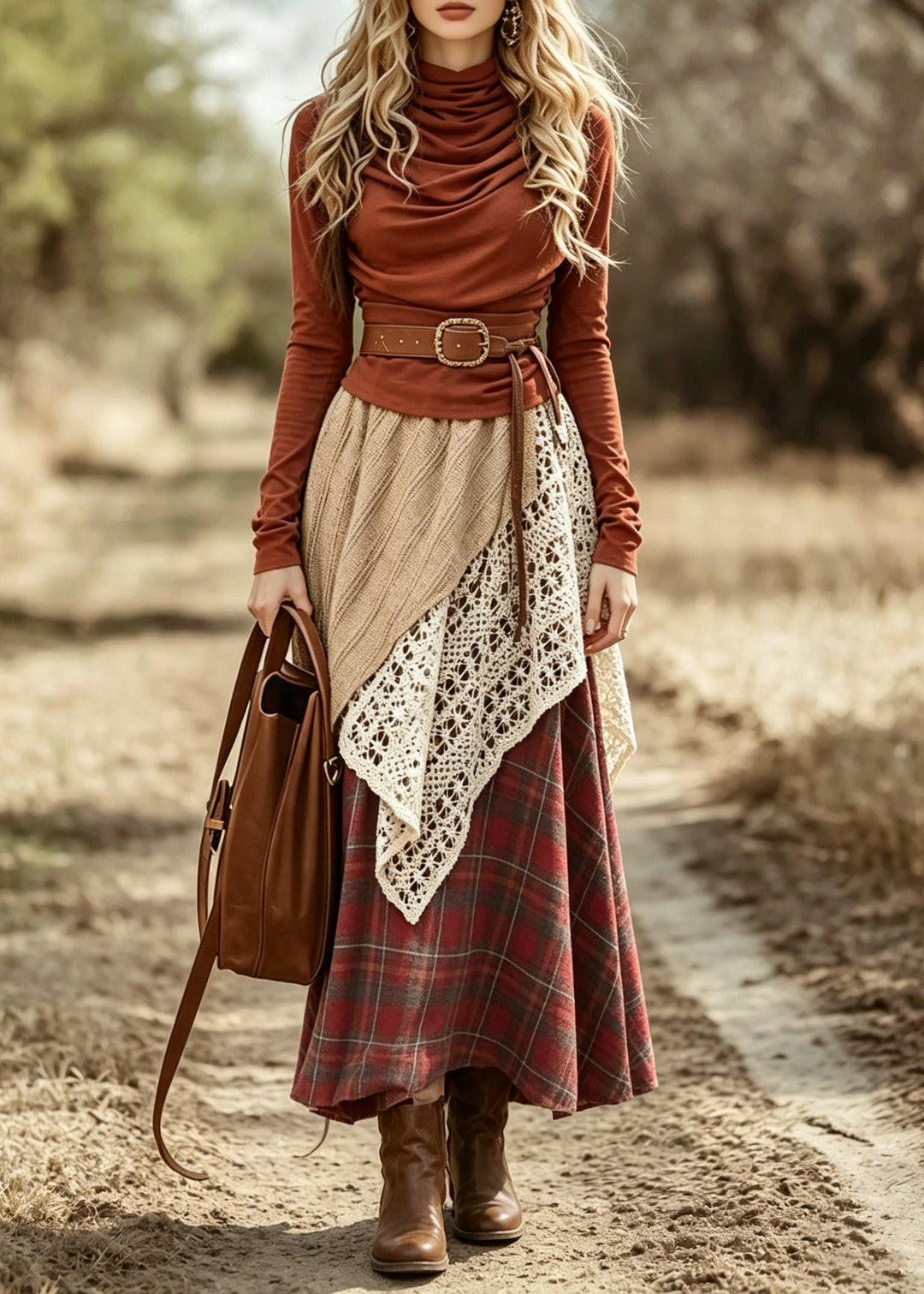 Organic Red Turtleneck Print Top And A Line Skirts Two Pieces Set Long Sleeve