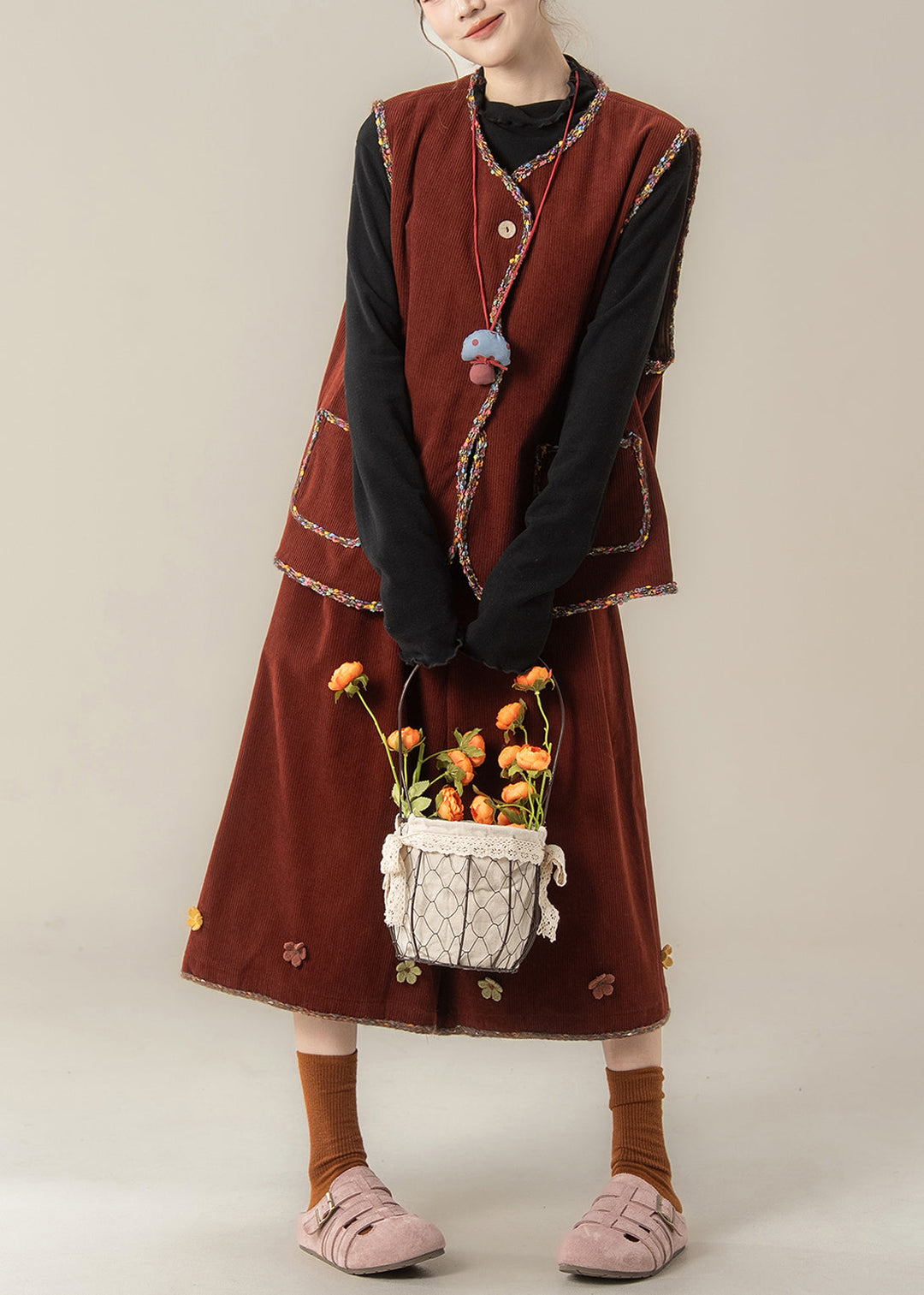 Organic Red V Neck Corduroy Waistcoat ,Top And Crop Pants Three Pieces Set Fall