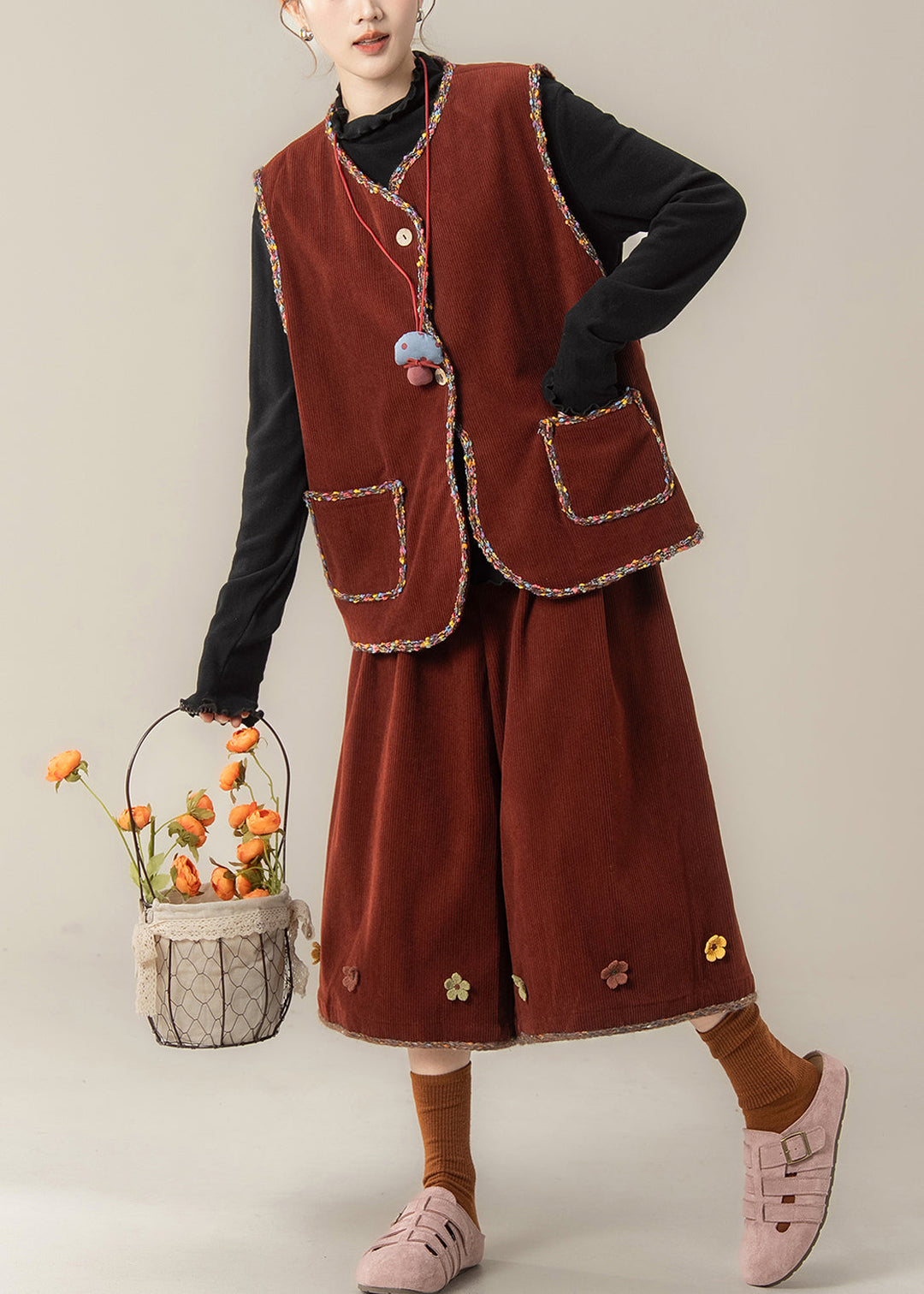 Organic Red V Neck Corduroy Waistcoat ,Top And Crop Pants Three Pieces Set Fall