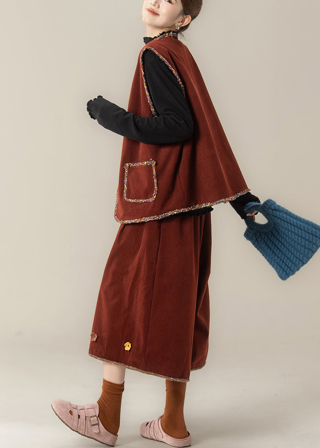 Organic Red V Neck Corduroy Waistcoat ,Top And Crop Pants Three Pieces Set Fall