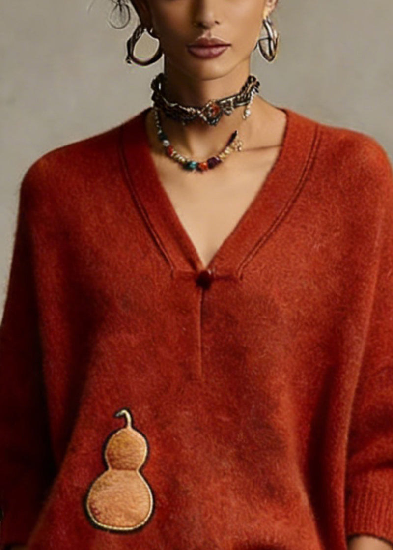 Organic Red V Neck Cotton Knit Sweater Spring - Omychic