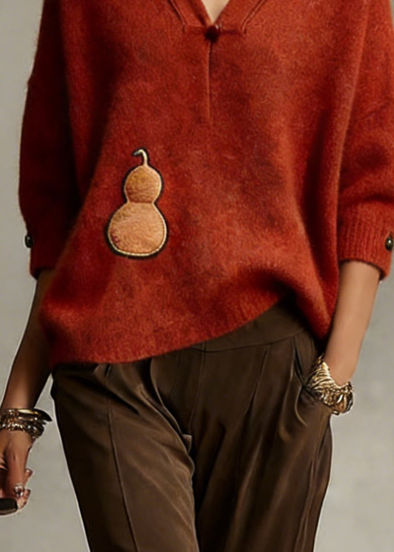 Organic Red V Neck Cotton Knit Sweater Spring - Omychic