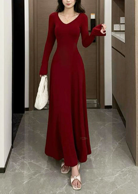 Organic Red V Neck Cotton Maxi Dresses Flare Sleeve