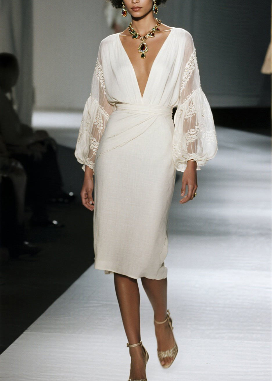 Organic V Neck Lace Patchwork Cotton Dress Fall