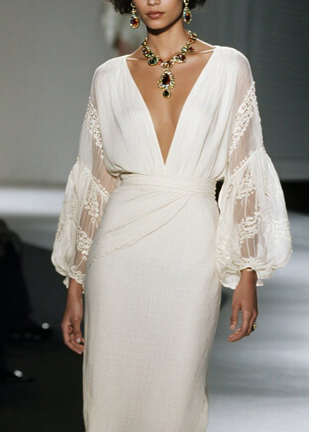 Organic V Neck Lace Patchwork Cotton Dress Fall